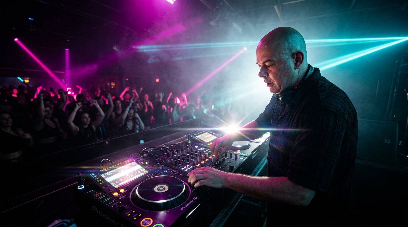 DJ BigBoy performing under magenta and cyan stage lights